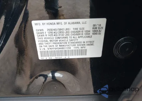 2019 Honda Pilot Ex-L z USA, uszkodzony, nr VIN 5FNYF6H5XKB011208